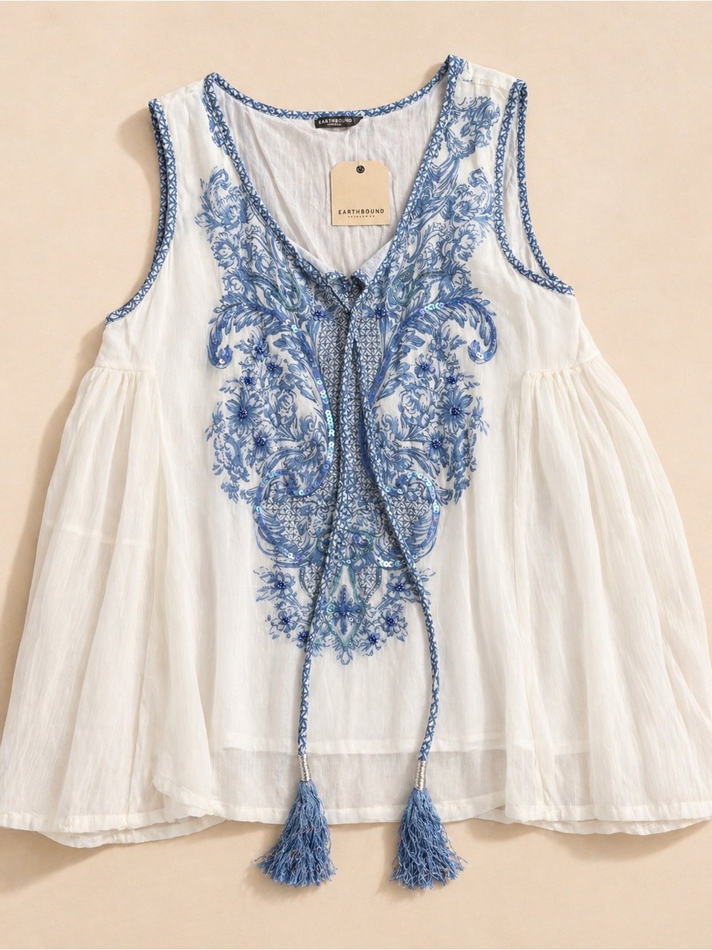 EARTHBOUND White Sleeveless Embroidered Tassel Camisole with Blue Detailing